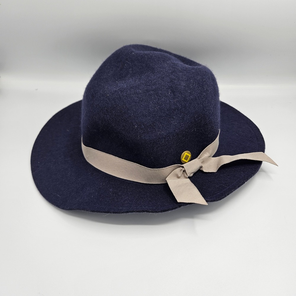 Yellow 108 Navy Blue 100% Wool‎ Wide Brim Fedora Hat Tan Ribbon Bow Size Small
